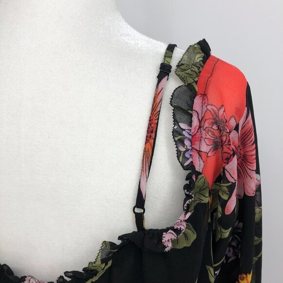 Guess Savina Floral Black coral chiffon off shoulder blouse SP - Picture 13 of 16